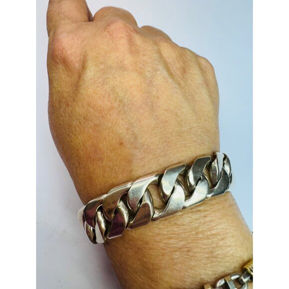 Estate Vintage 875 Silver Heavy 15.8mm Curb Chain Bracelet 71.7g 7” Toggle Clasp - Picture 8 of 10